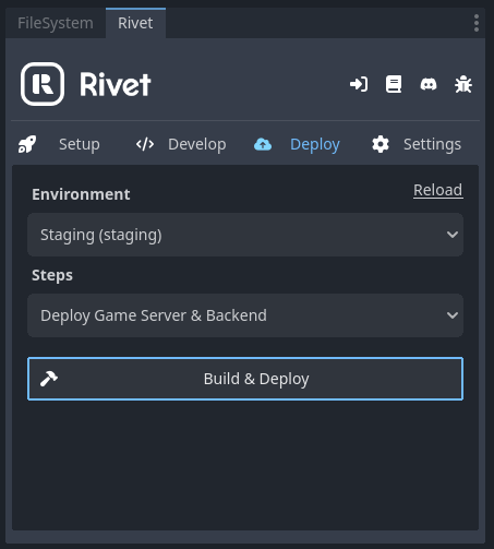 A view of the deploy tab of the Rivet Plugin